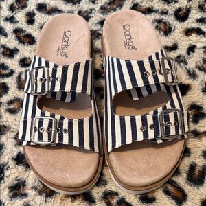 Corkys Dash Navy and White Striped Double Buckle Sandals